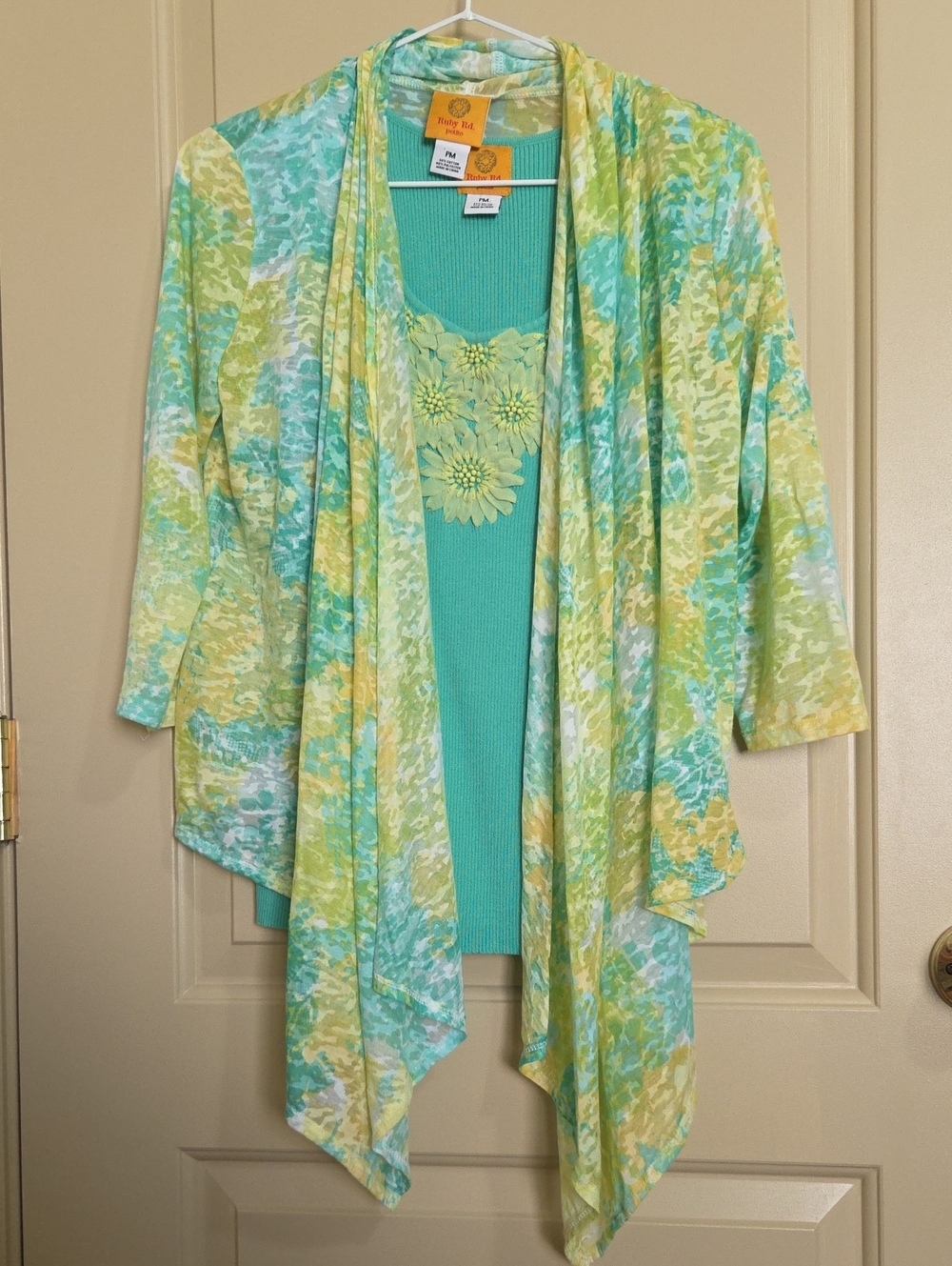 Ruby Rd. Aqua and Lime Open Front Cascade Cape